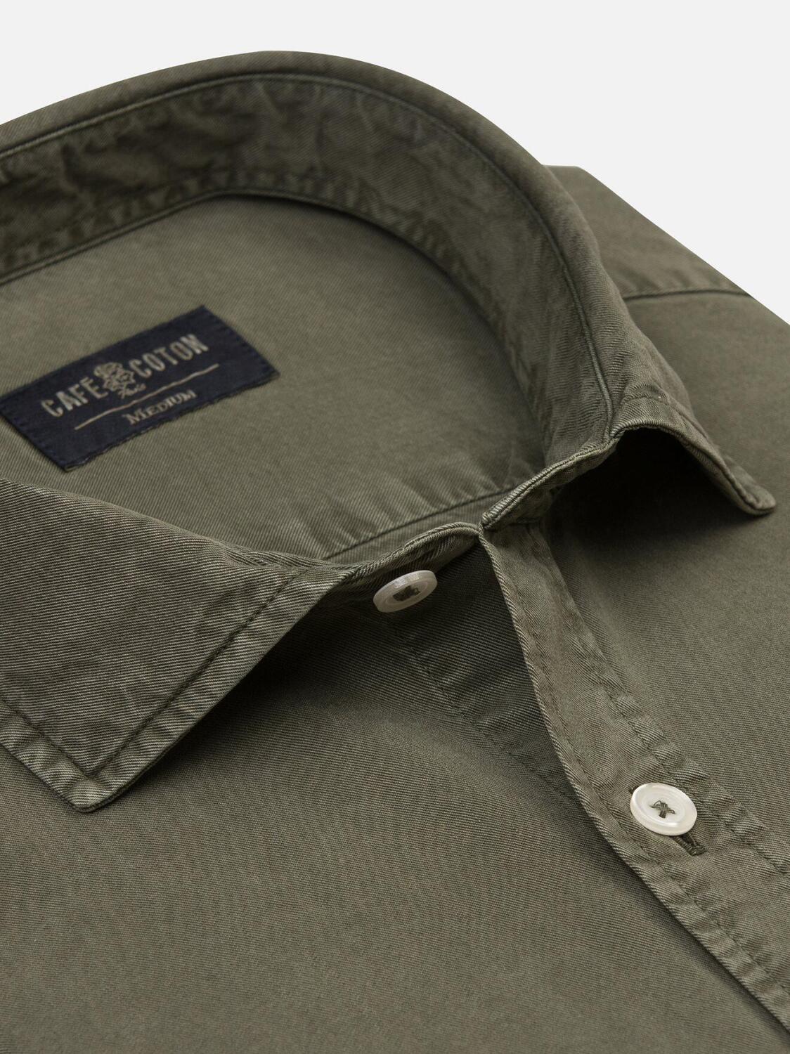 Khaki washed gabardine slim fit shirt