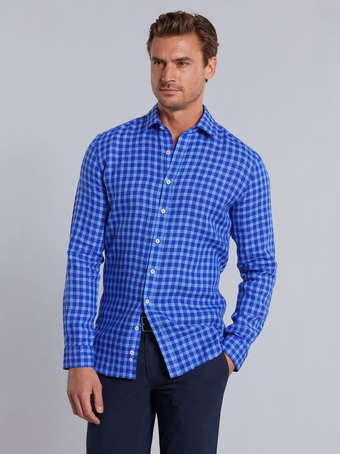 Chemise cintrée Jack en lin à carreaux bleus