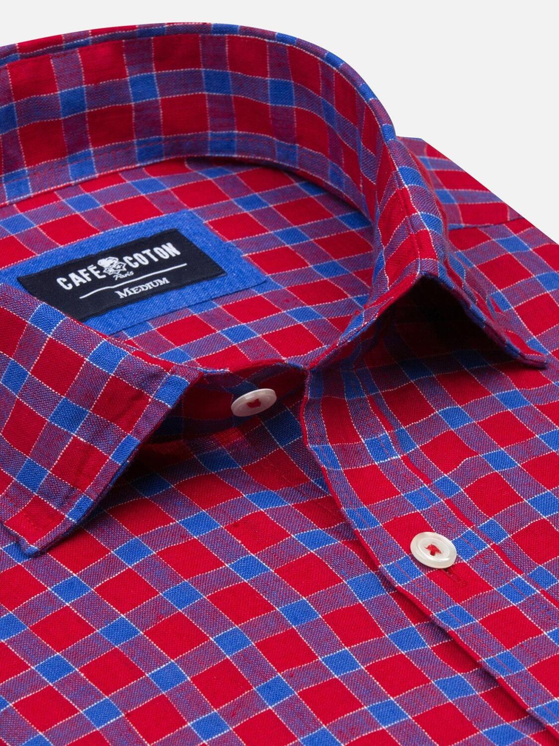 Red linen slim fit blue checked shirt