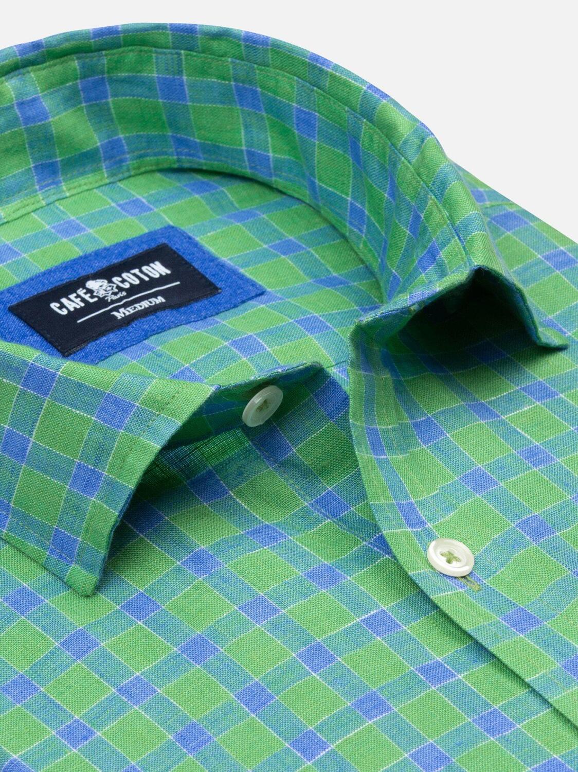 Green linen slim fit blue checked shirt