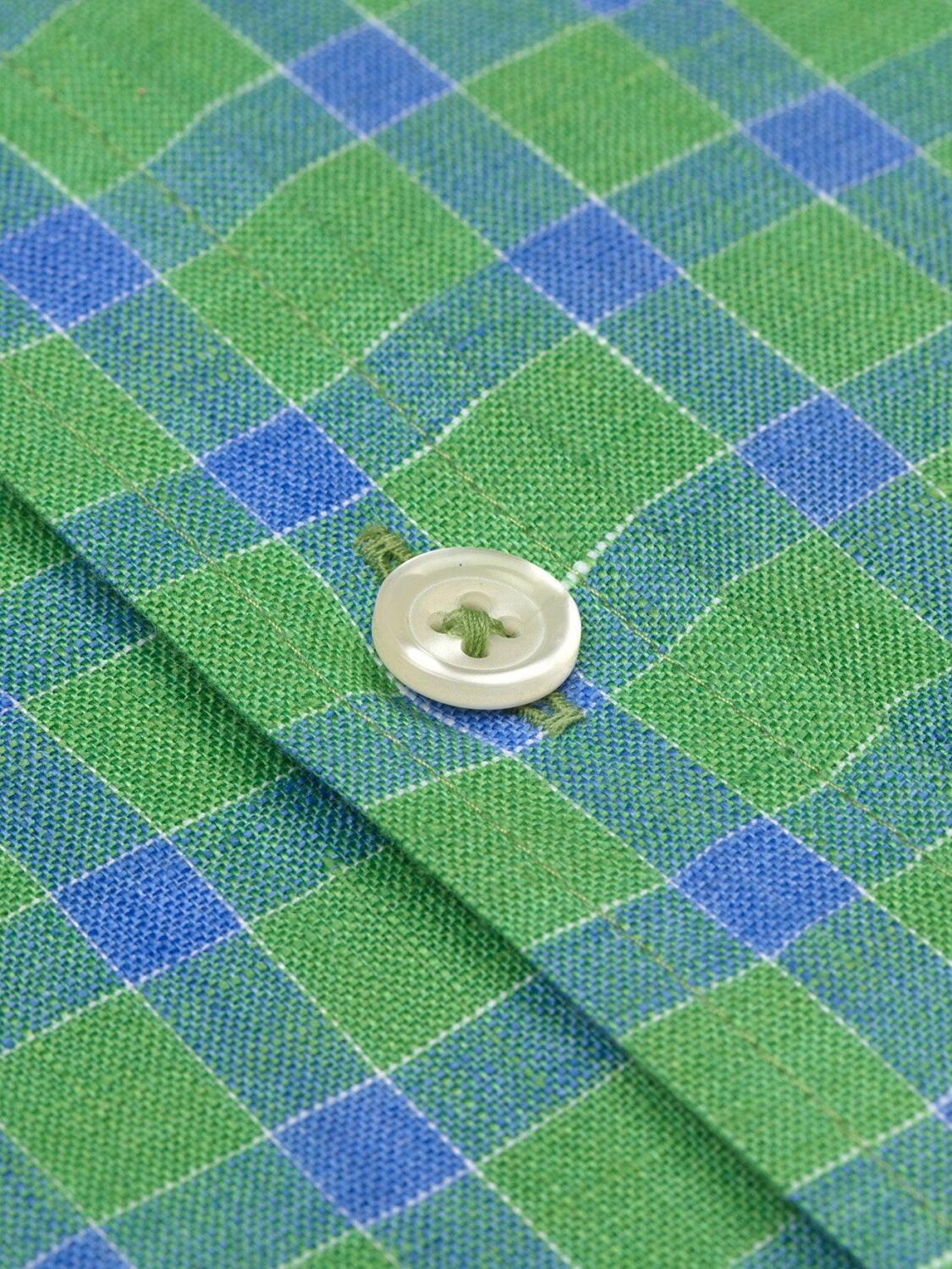 Green linen slim fit blue checked shirt