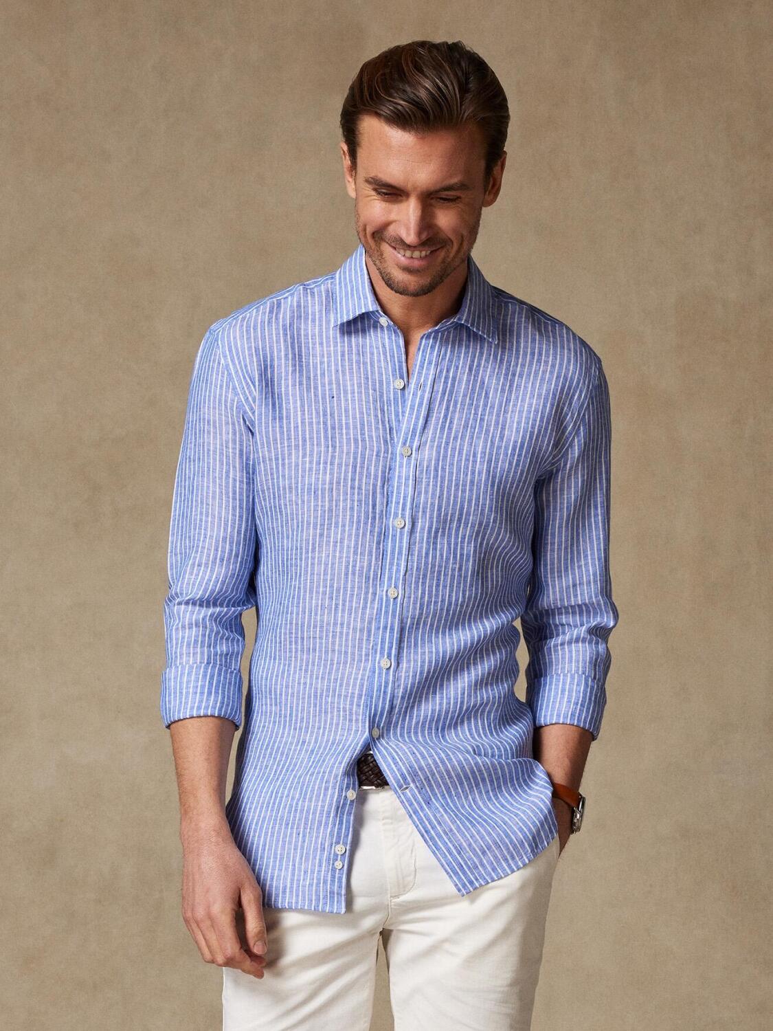 Camicia aderente Karl a righe di lino blu