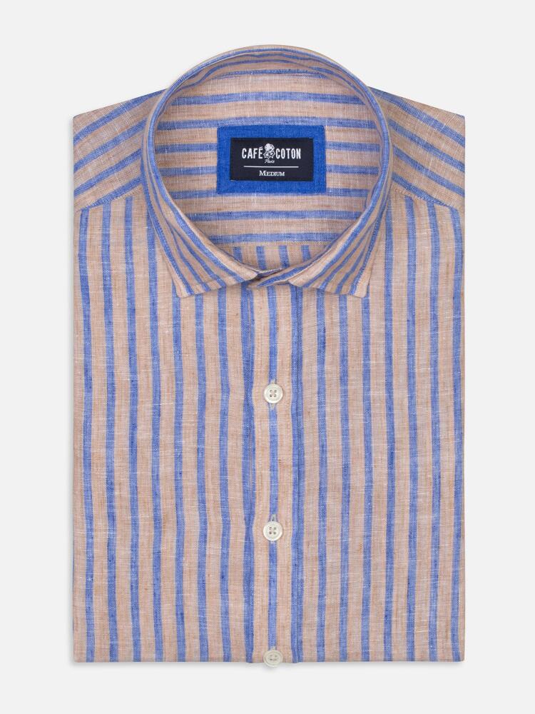 Blue stripes beige linen slim fit shirt