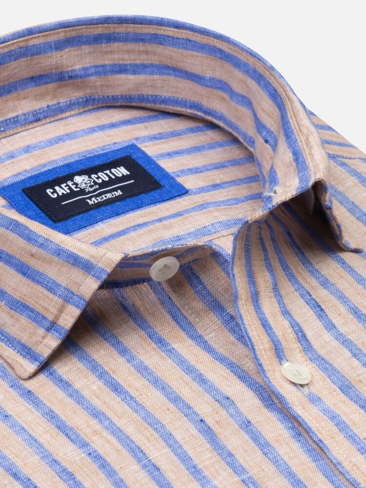 Blue stripes beige linen slim fit shirt