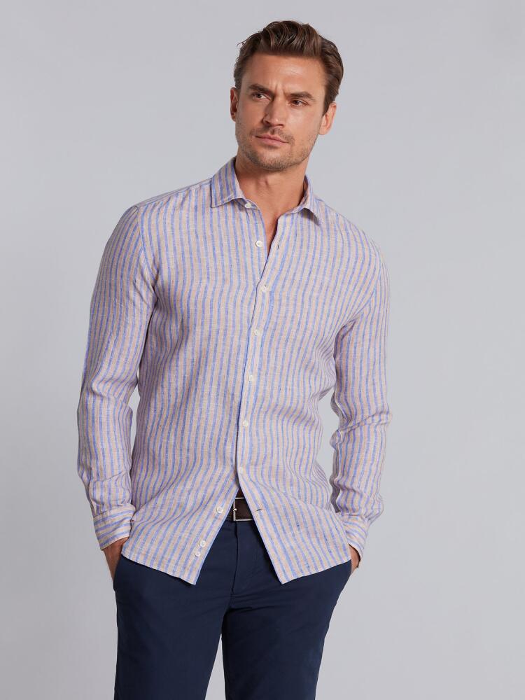 Blue stripes beige linen slim fit shirt