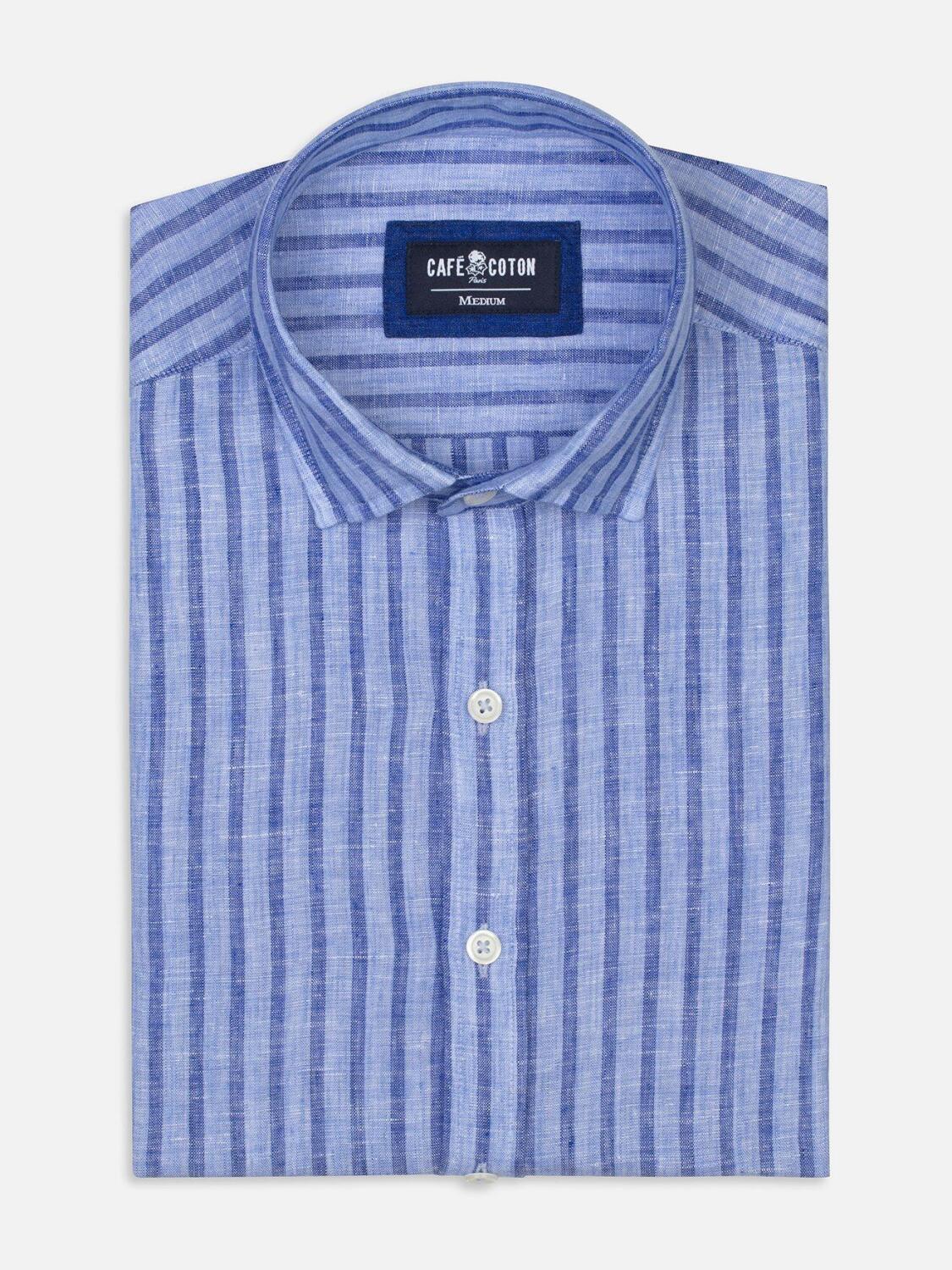 Chemise cintr&eacute;e Lennon en lin ciel &agrave; rayures