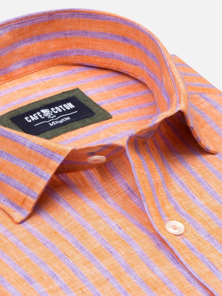 Chemise cintrée Lennon en lin orange à rayures