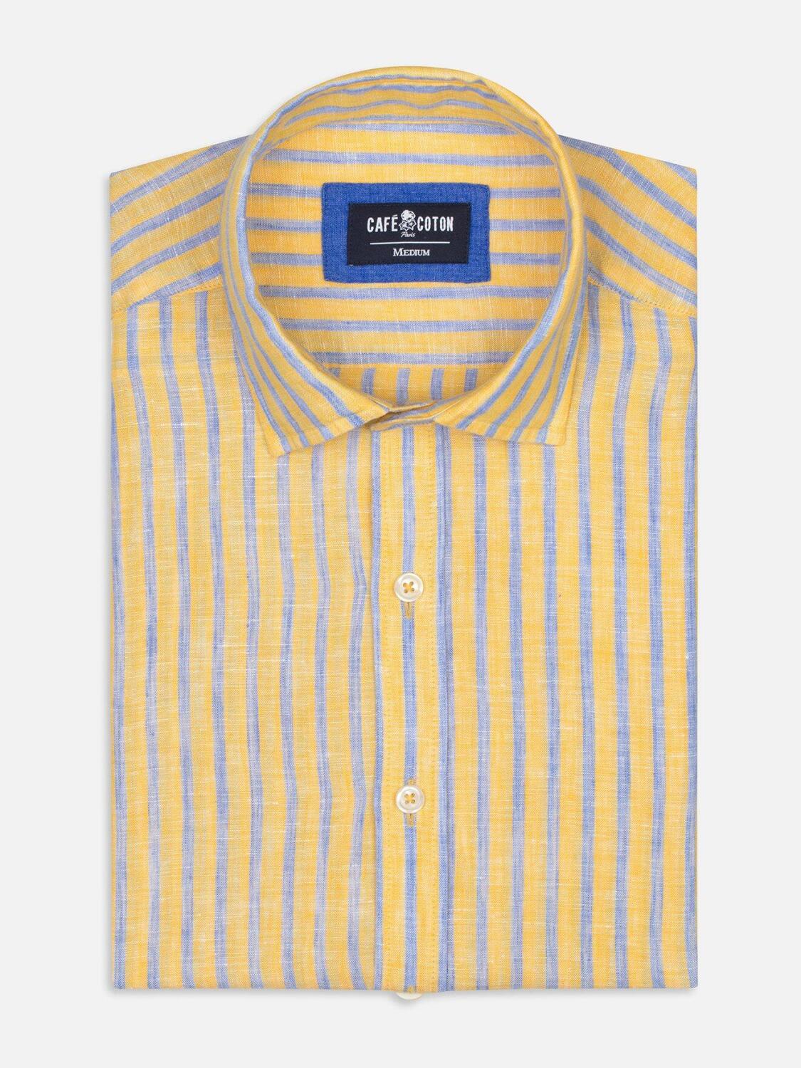 Blue stripes yellow linen slim fit shirt