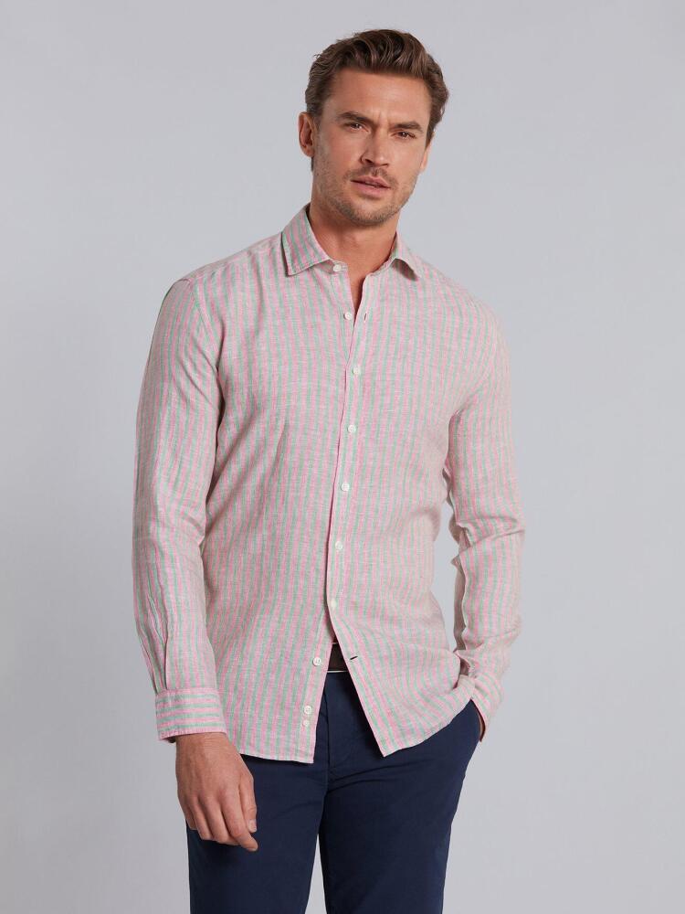 Green stripes pink linen slim fit shirt