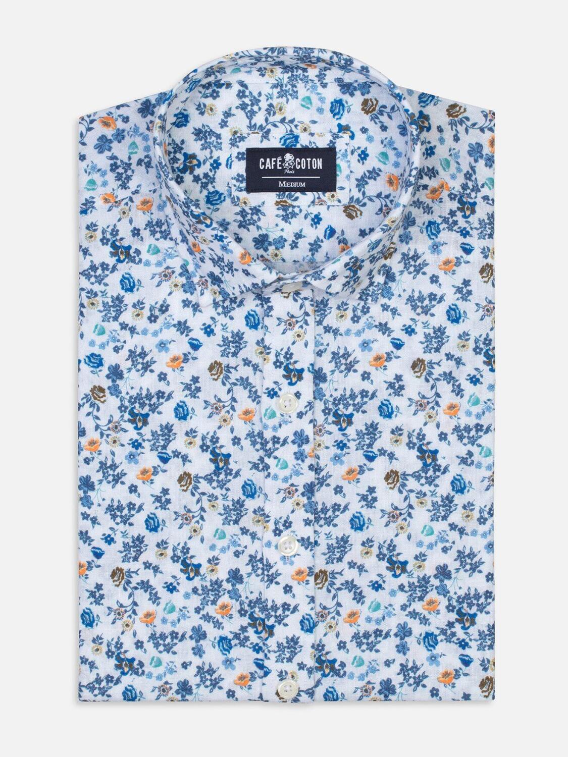 Flower printed linen slim fit shirt