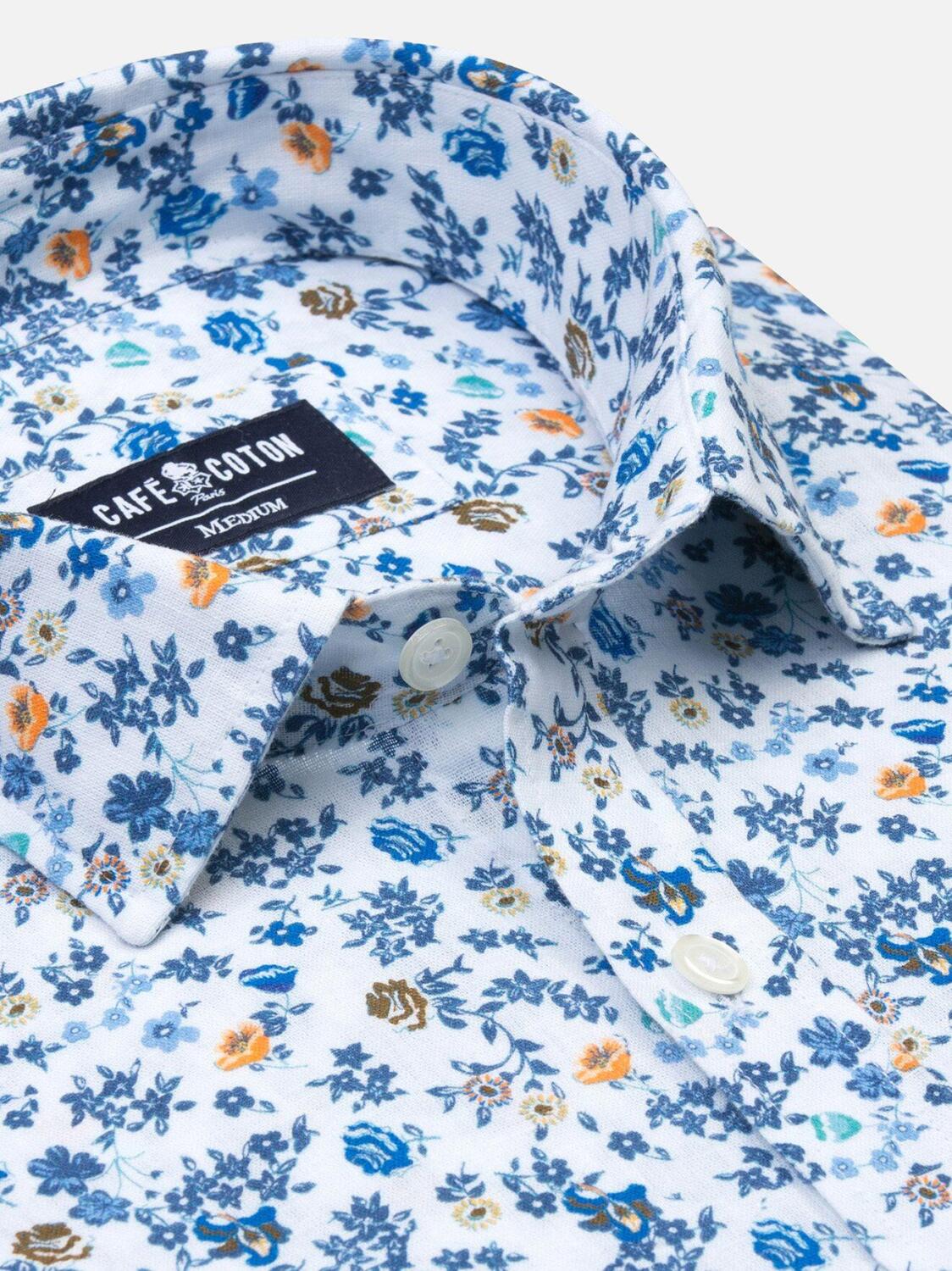 Flower printed linen slim fit shirt