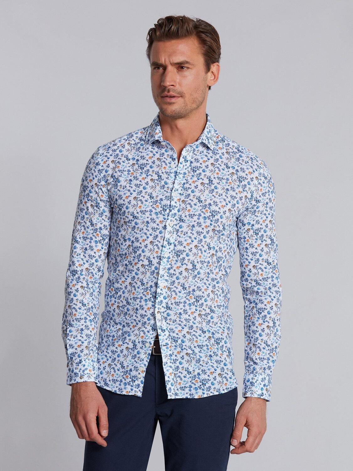 Flower printed linen slim fit shirt