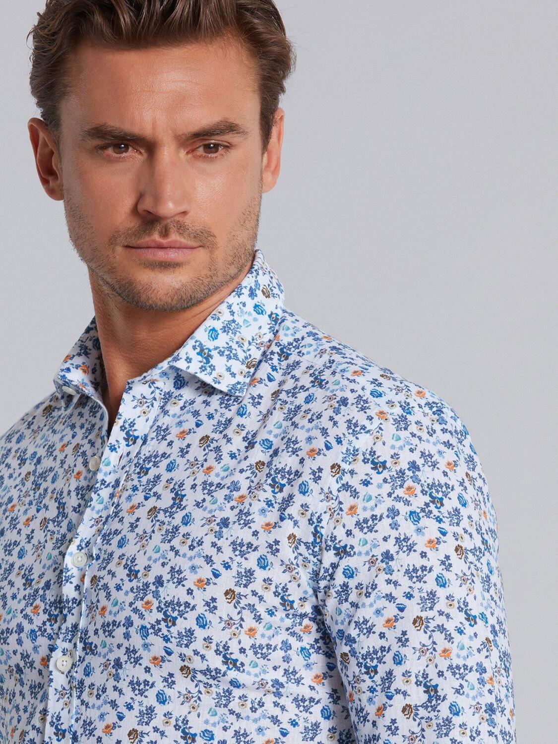Flower printed linen slim fit shirt