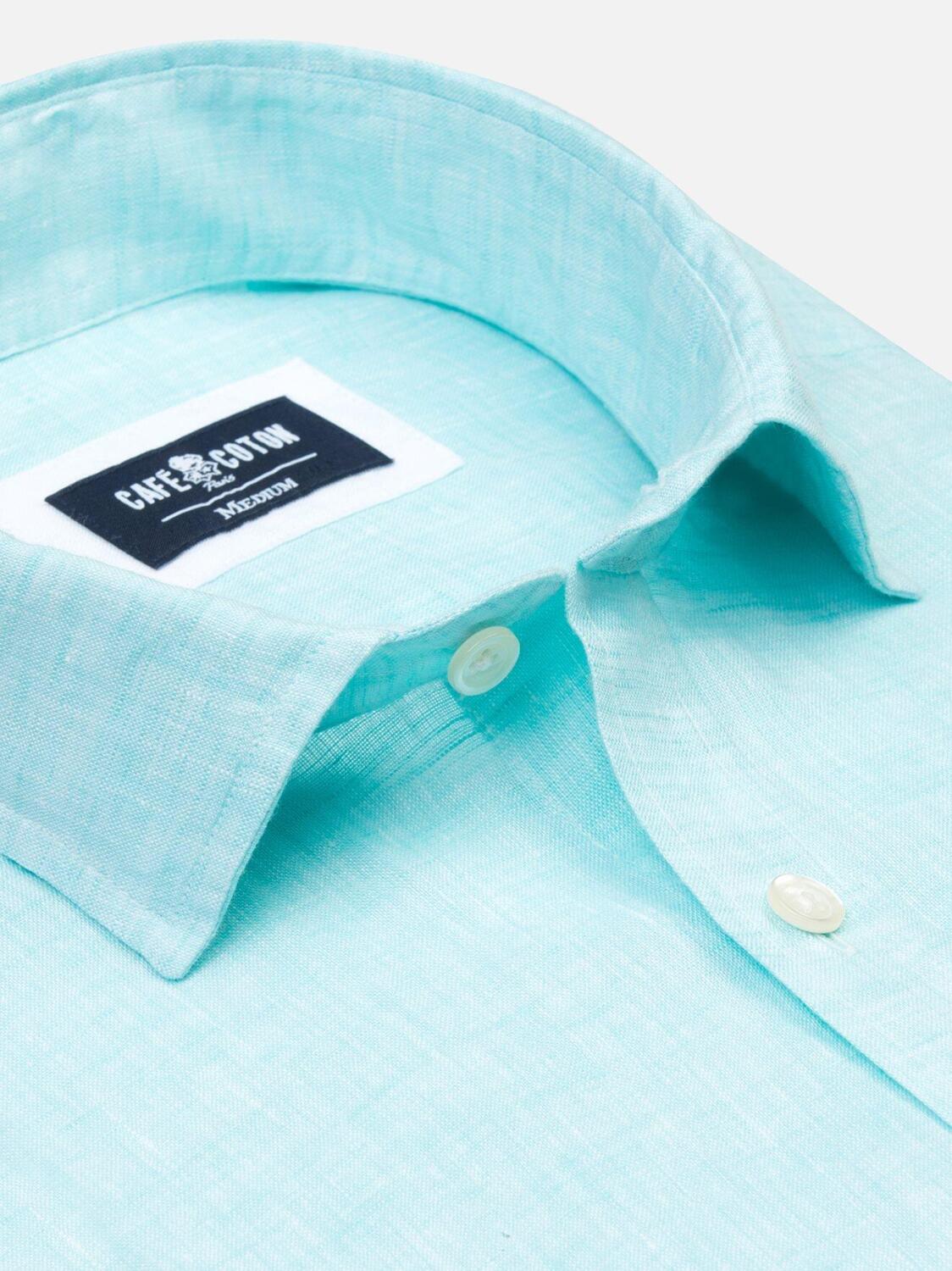 Chemise cintr&eacute;e turquoise en lin