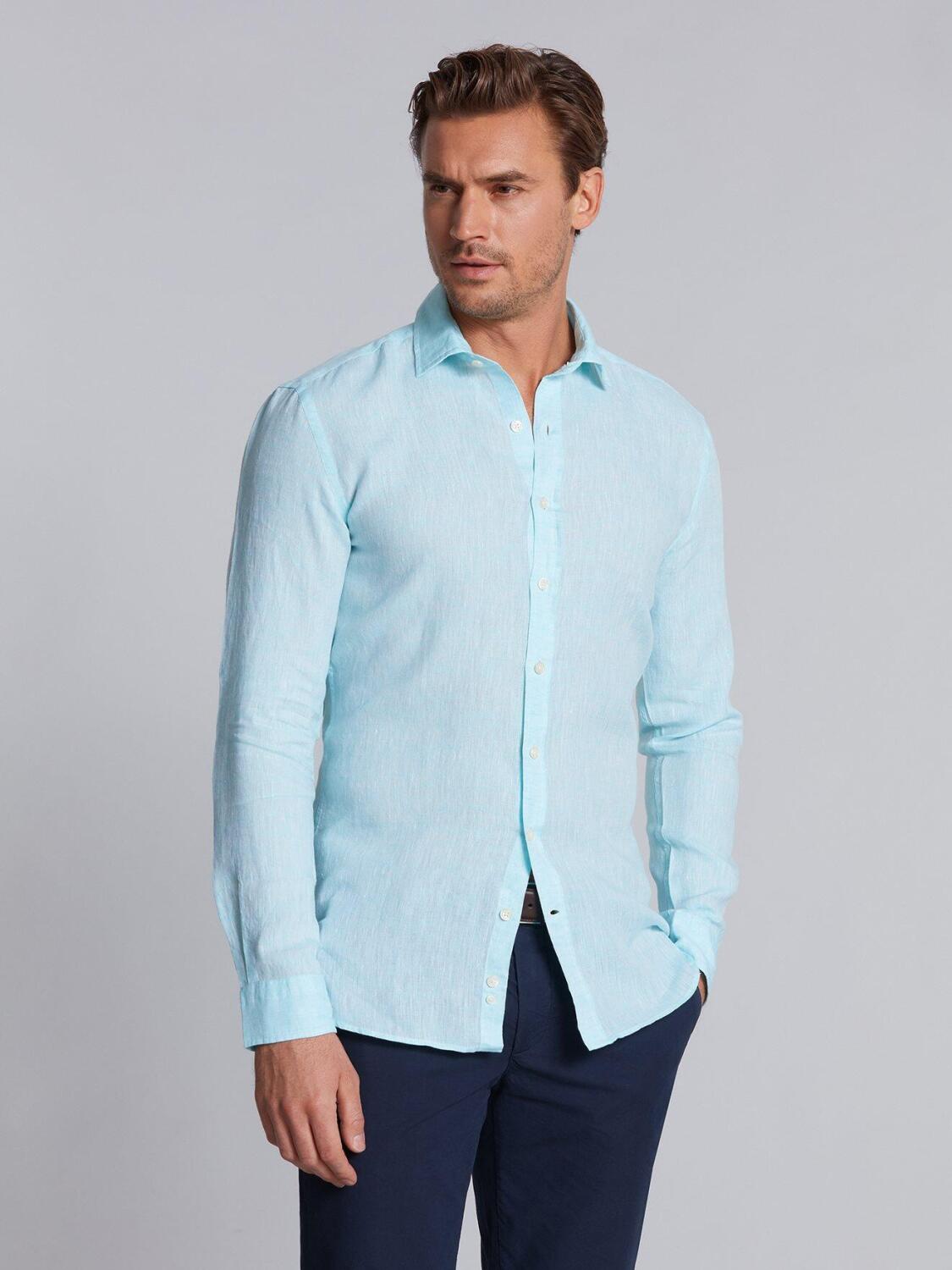 Chemise cintr&eacute;e turquoise en lin