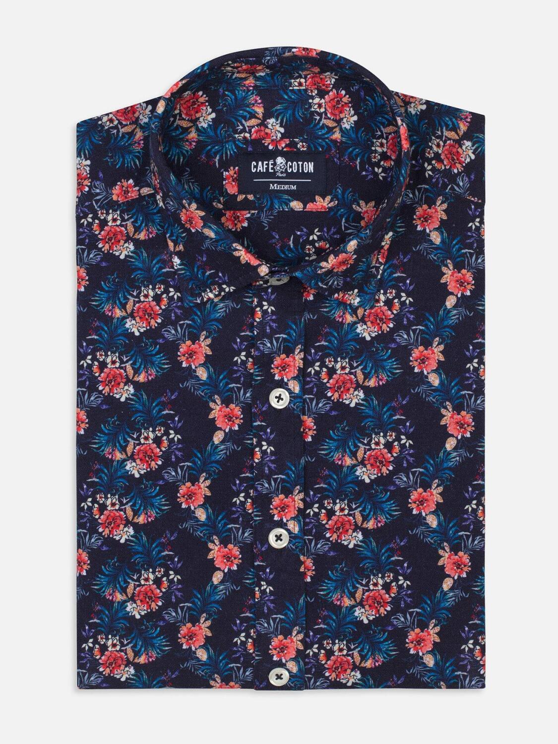 Indigo tropical printed linen slim fit shirt