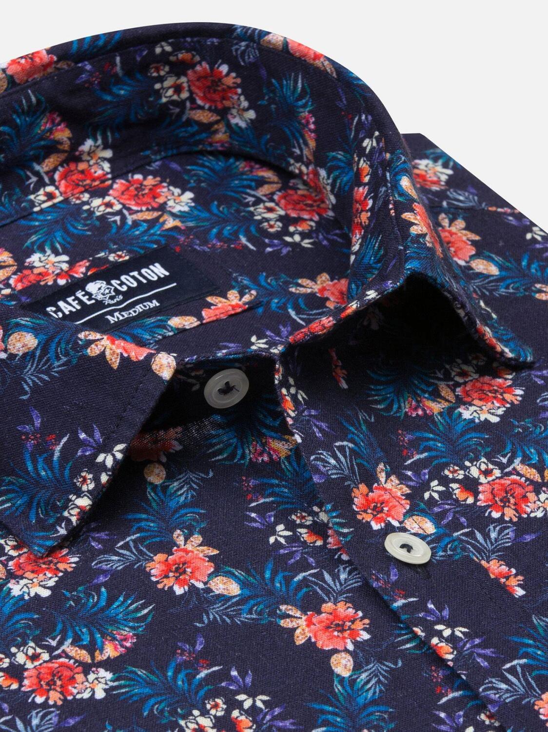 Indigo tropical printed linen slim fit shirt