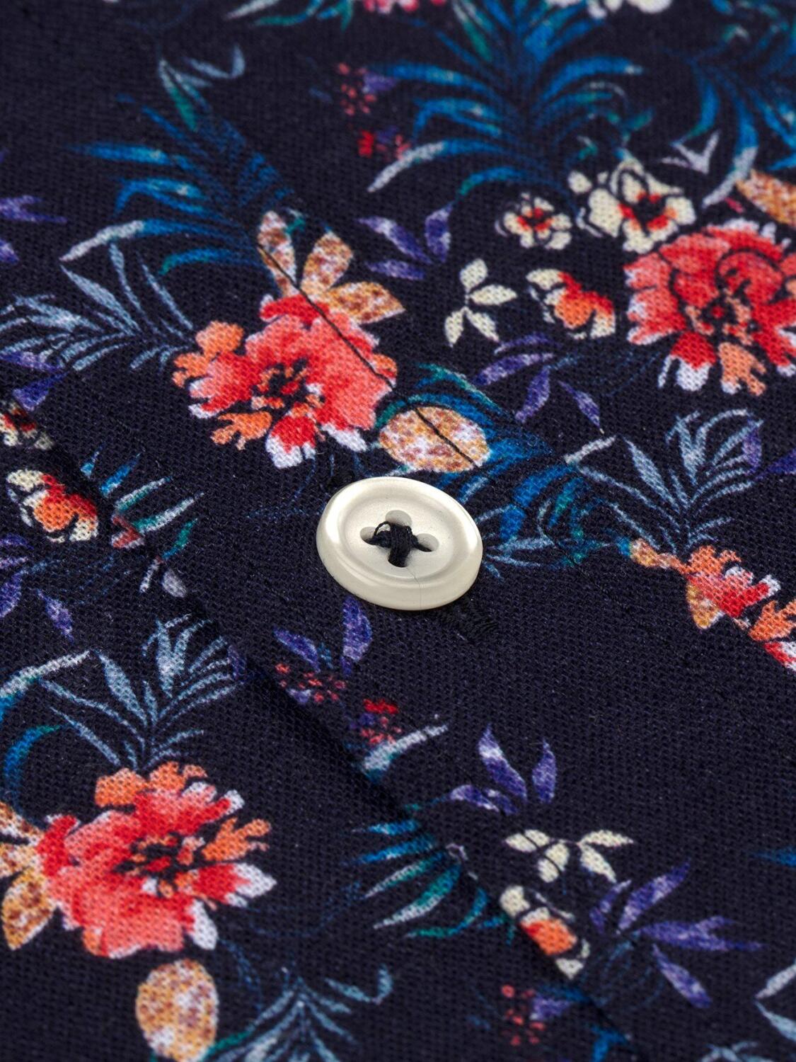 Indigo tropical printed linen slim fit shirt