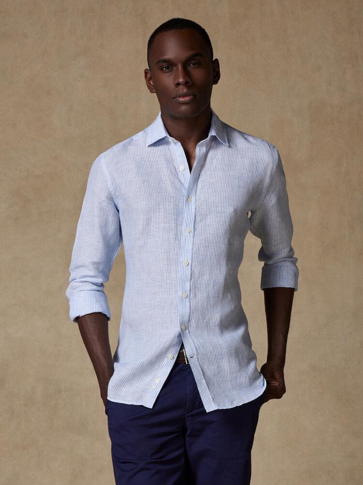 Randy slim fit shirt in linen with sky blue stripes