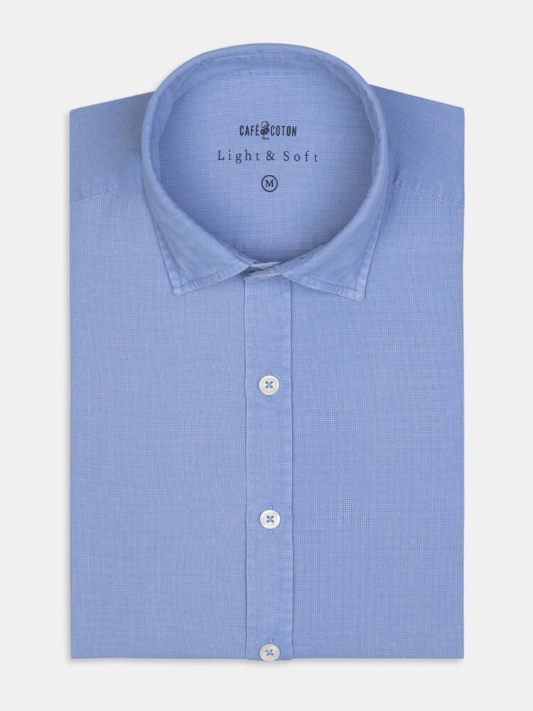 Blauw gewassen piqué Slim Fit overhemd