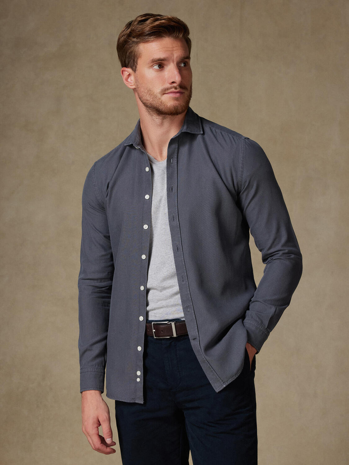 Theo carbon Washed Oxford slim fit shirt