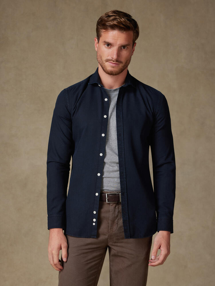 Theo Navy Washed Oxford slim fit shirt