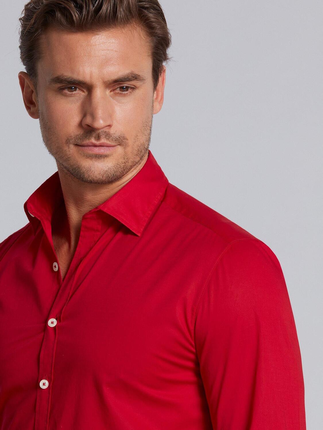 Red cotton voile slim fit shirt