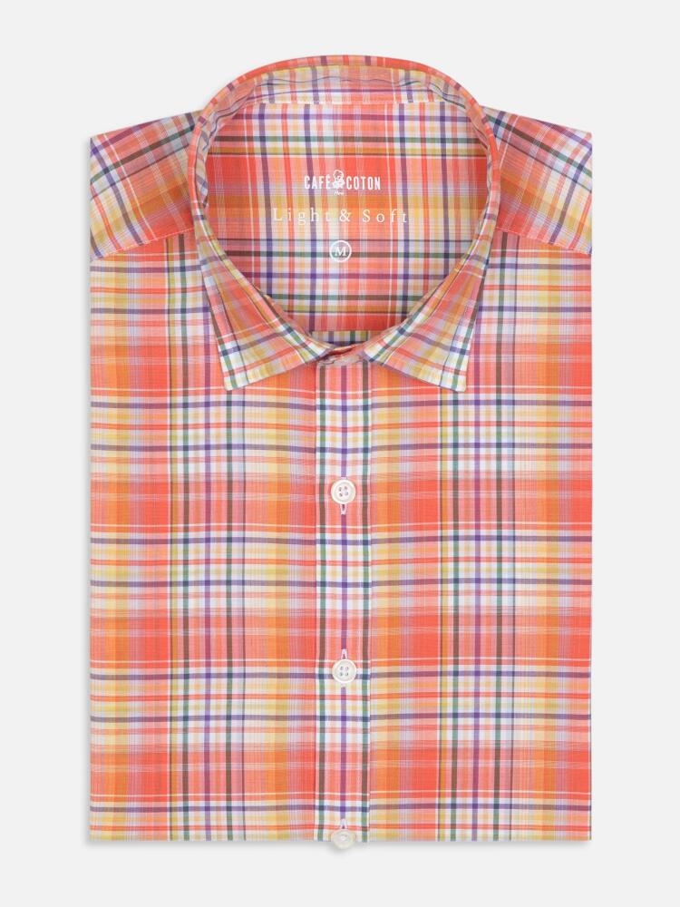 Gordon shirt in orange cotton voile with tartans