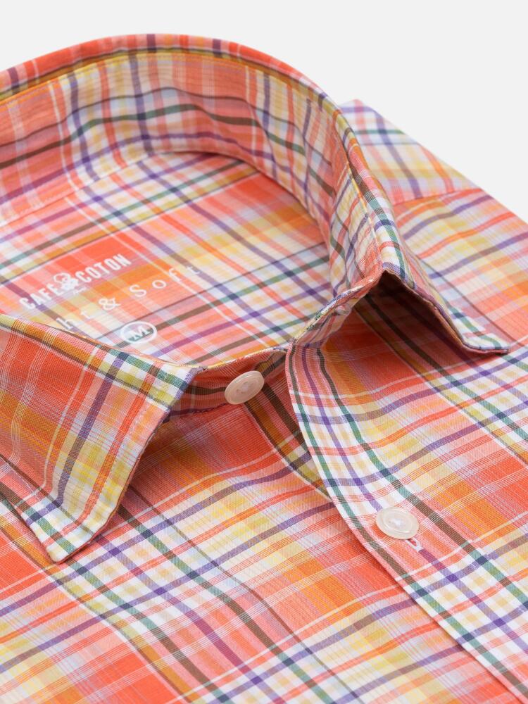 Gordon shirt in orange cotton voile with tartans