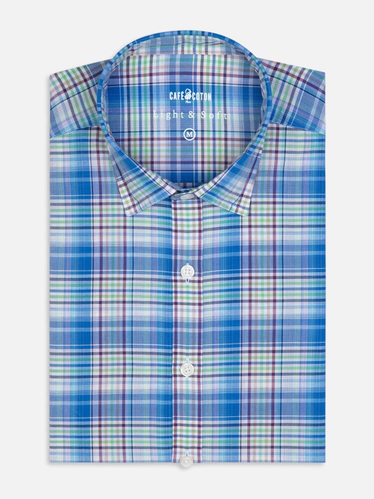 Camicia Gordon in voile di cotone blu con tartan