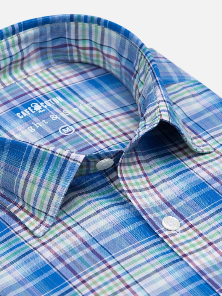 Gordon shirt in blue cotton voile with tartans