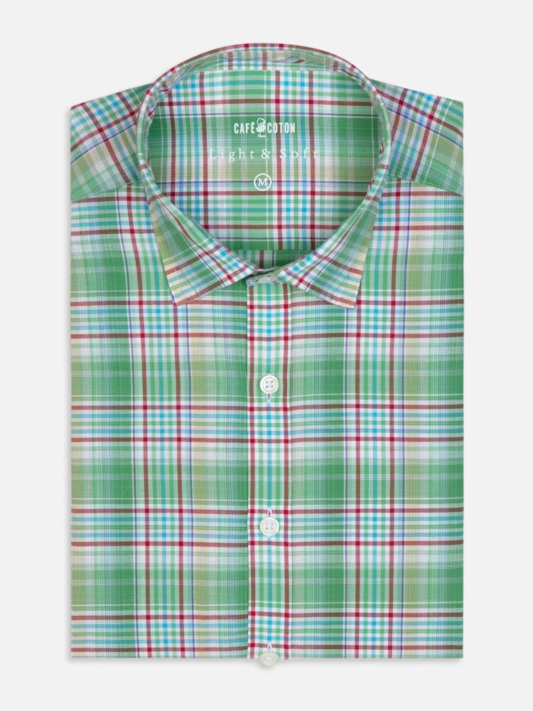 Gordon shirt in green cotton voile with tartans