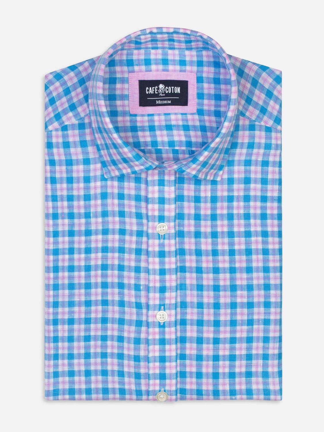 Chemise Wayne en lin &agrave; carreaux turquoises