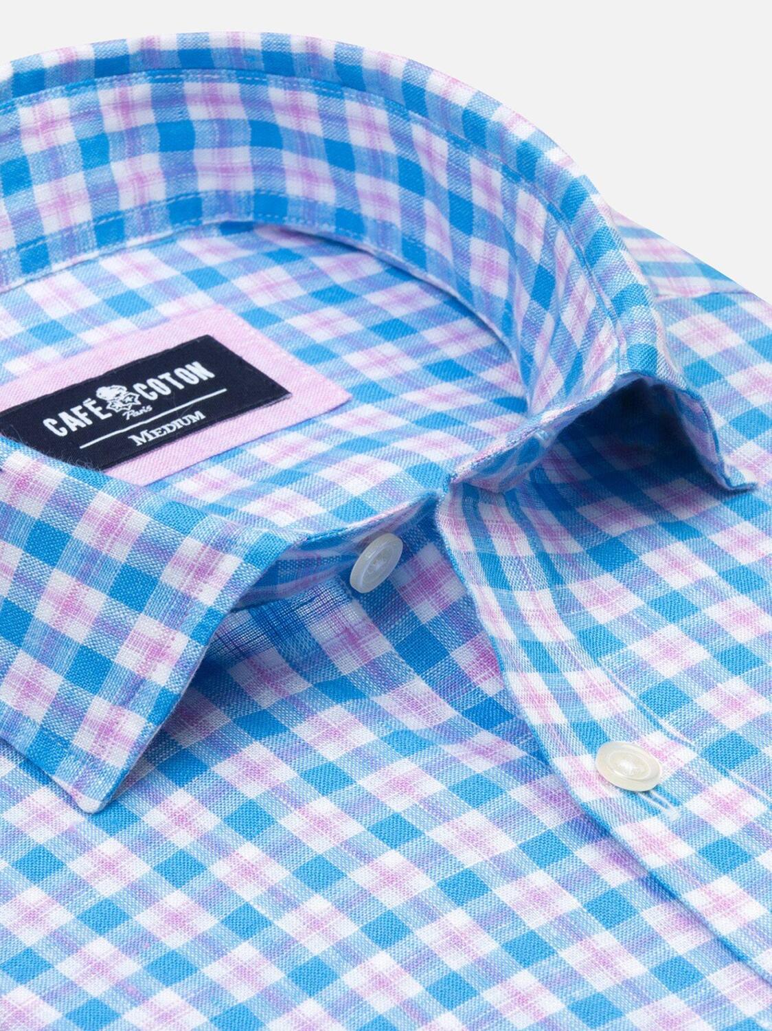 Chemise Wayne en lin &agrave; carreaux turquoises