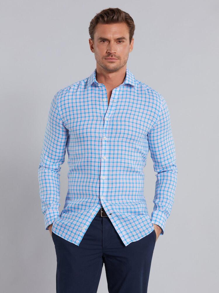 Chemise Wayne en lin &agrave; carreaux turquoises