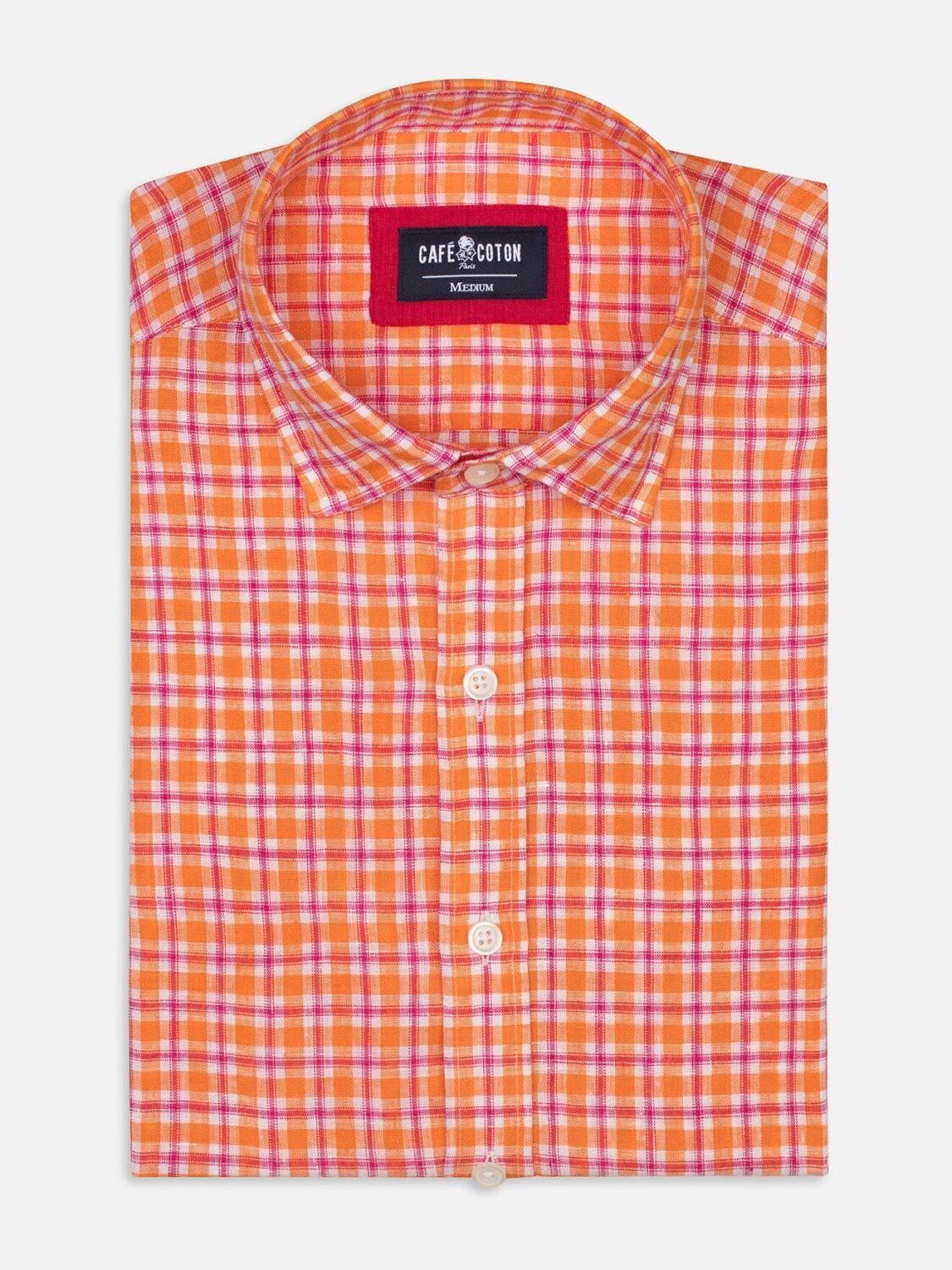 Chemise Wayne en lin &agrave; carreaux orange