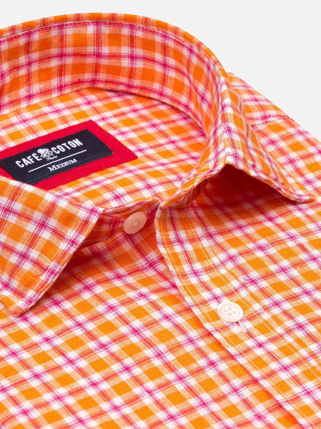 Chemise Wayne en lin &agrave; carreaux orange
