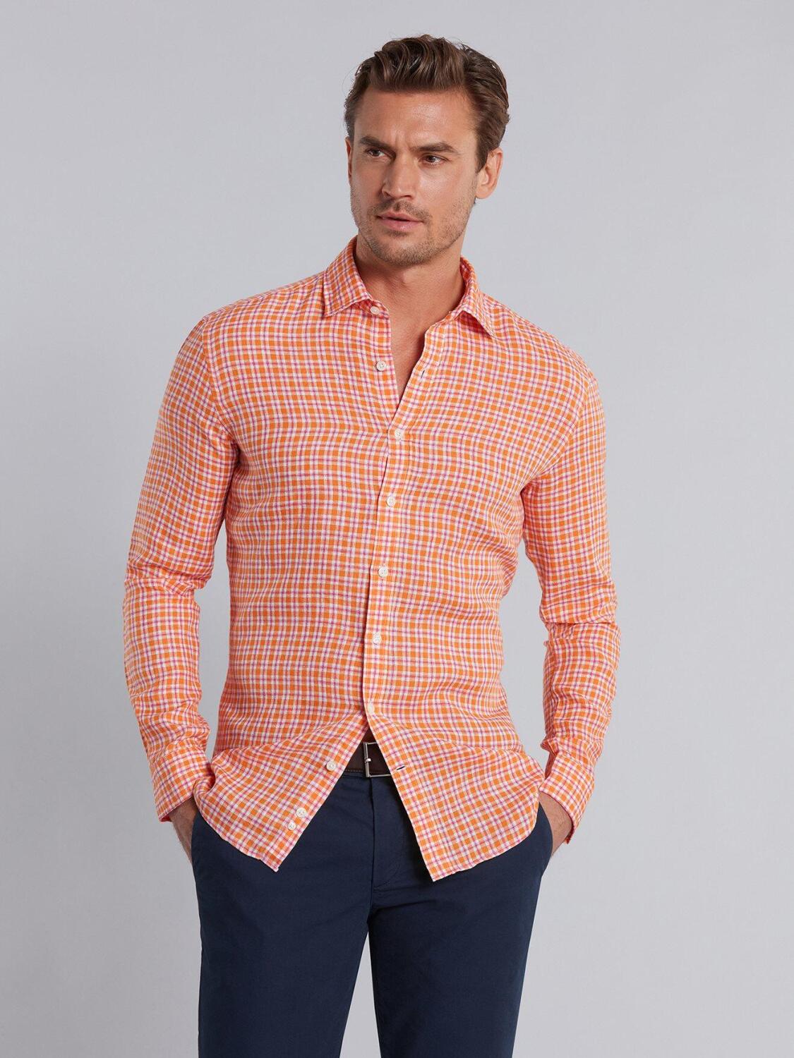 Chemise Wayne en lin &agrave; carreaux orange