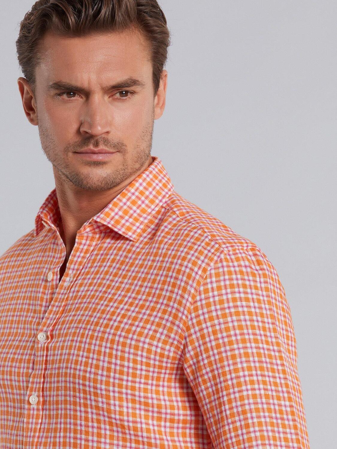 Chemise Wayne en lin &agrave; carreaux orange