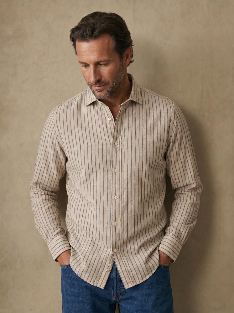 Chemise en lin beige &agrave; rayures bleue