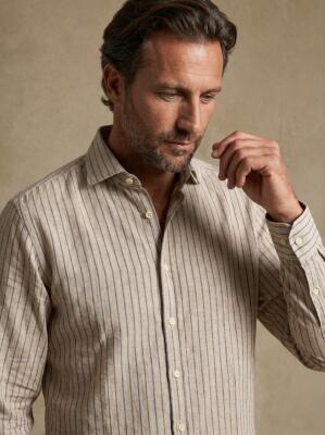 Chemise en lin beige &agrave; rayures bleue