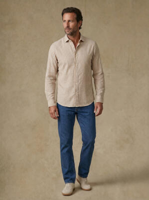 Chemise en lin beige &agrave; rayures bleue
