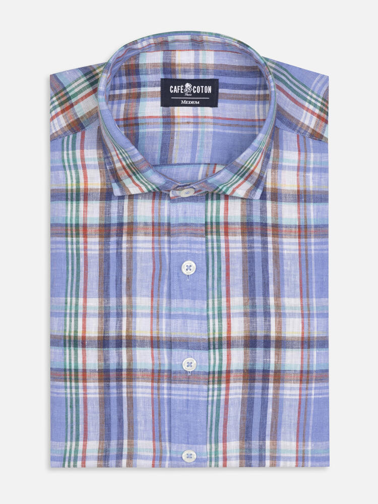 Paddy shirt in sky linen with tartan print