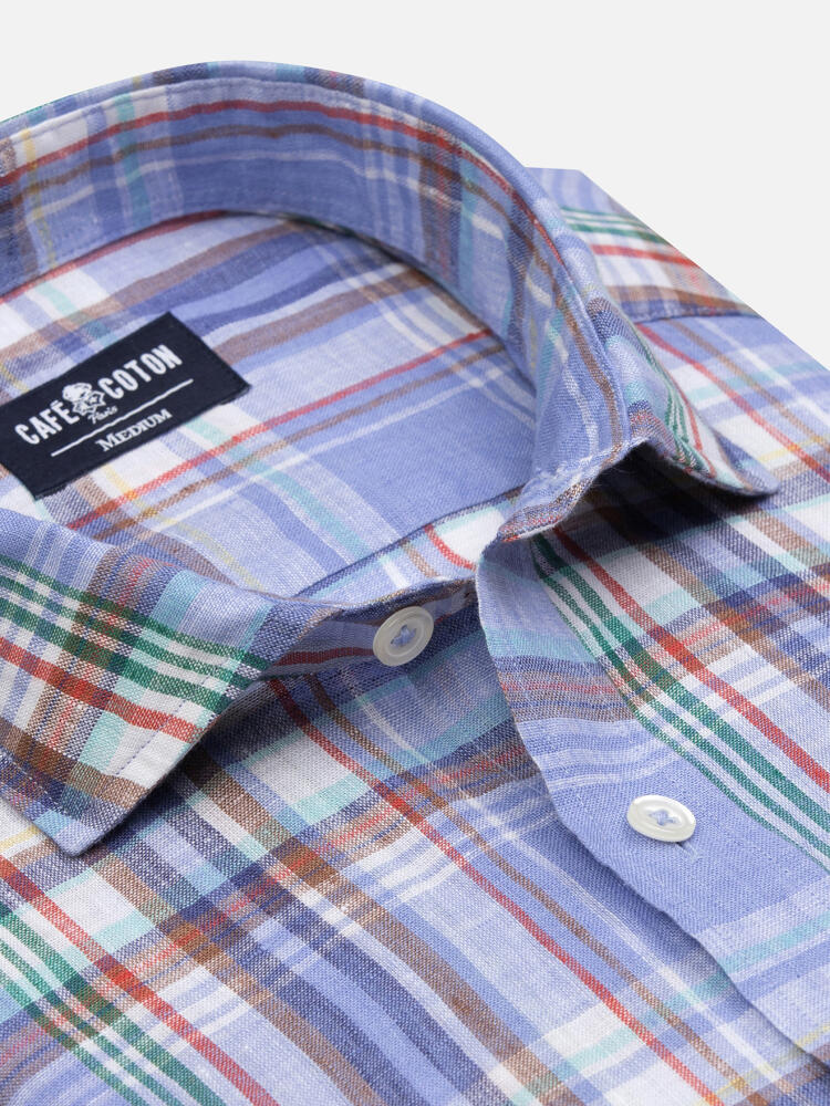 Paddy shirt in sky linen with tartan print