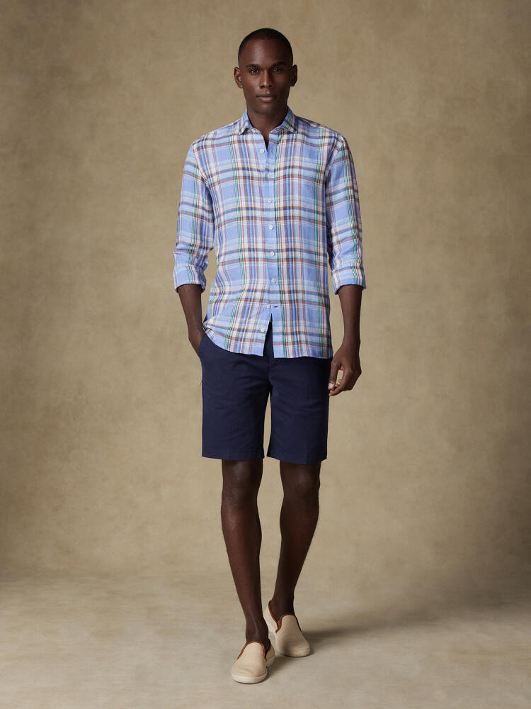 Paddy shirt in sky linen with tartan print