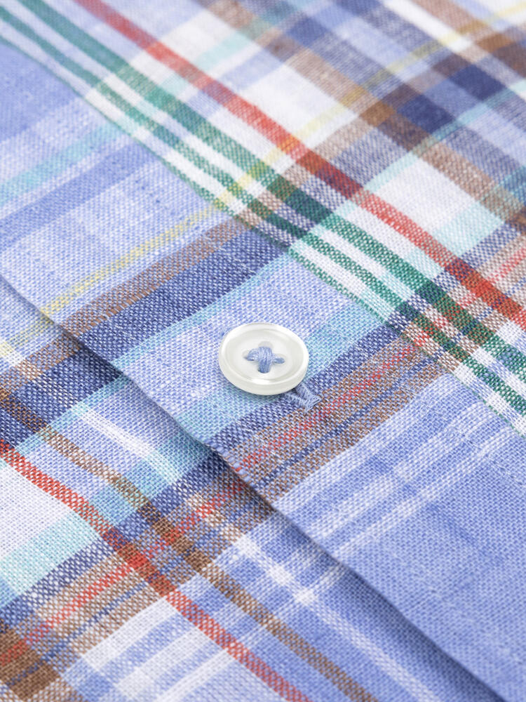 Camicia Paddy in lino celeste con stampa tartan