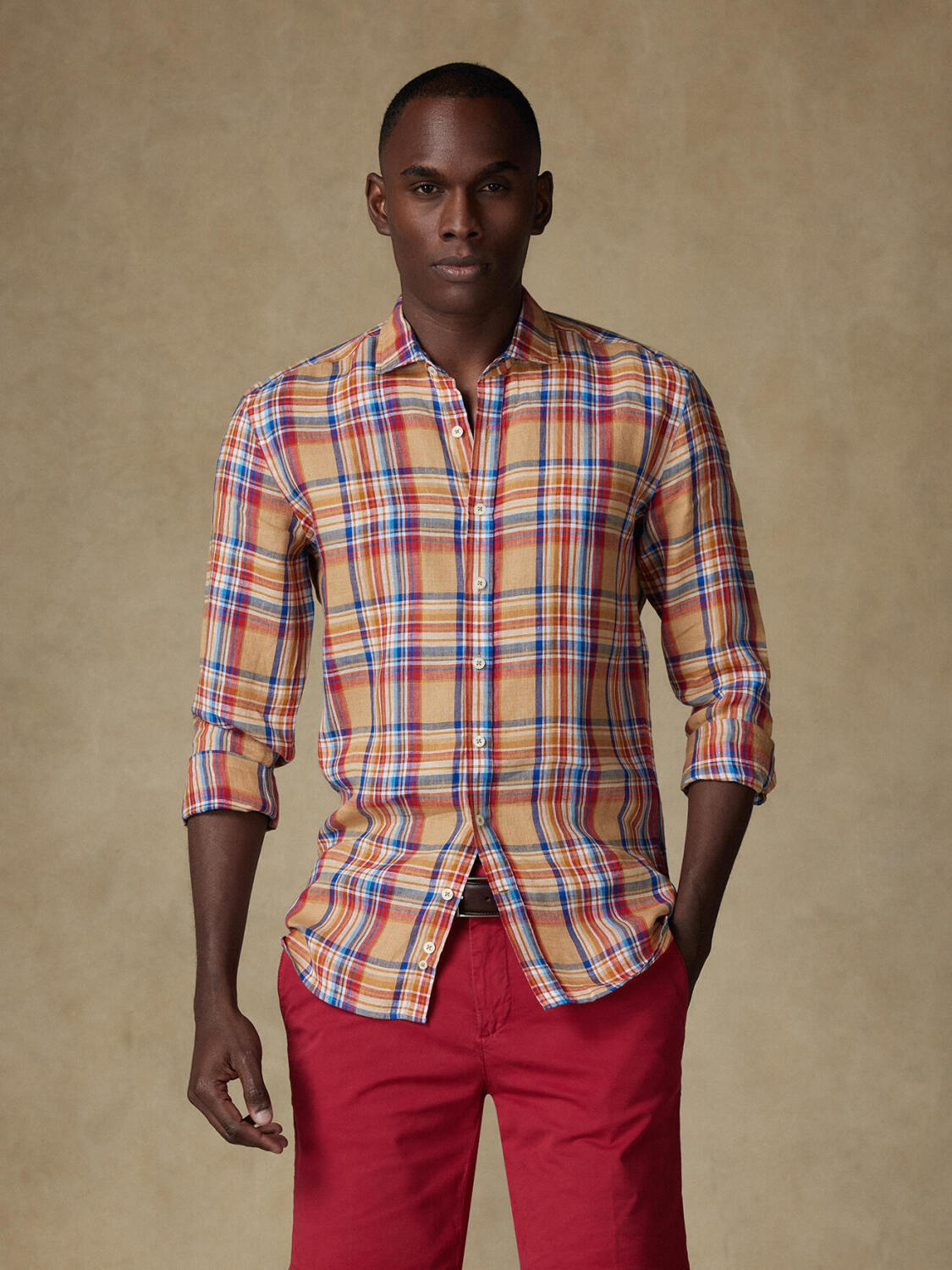 Chemise Phil en lin sable à motif tartan