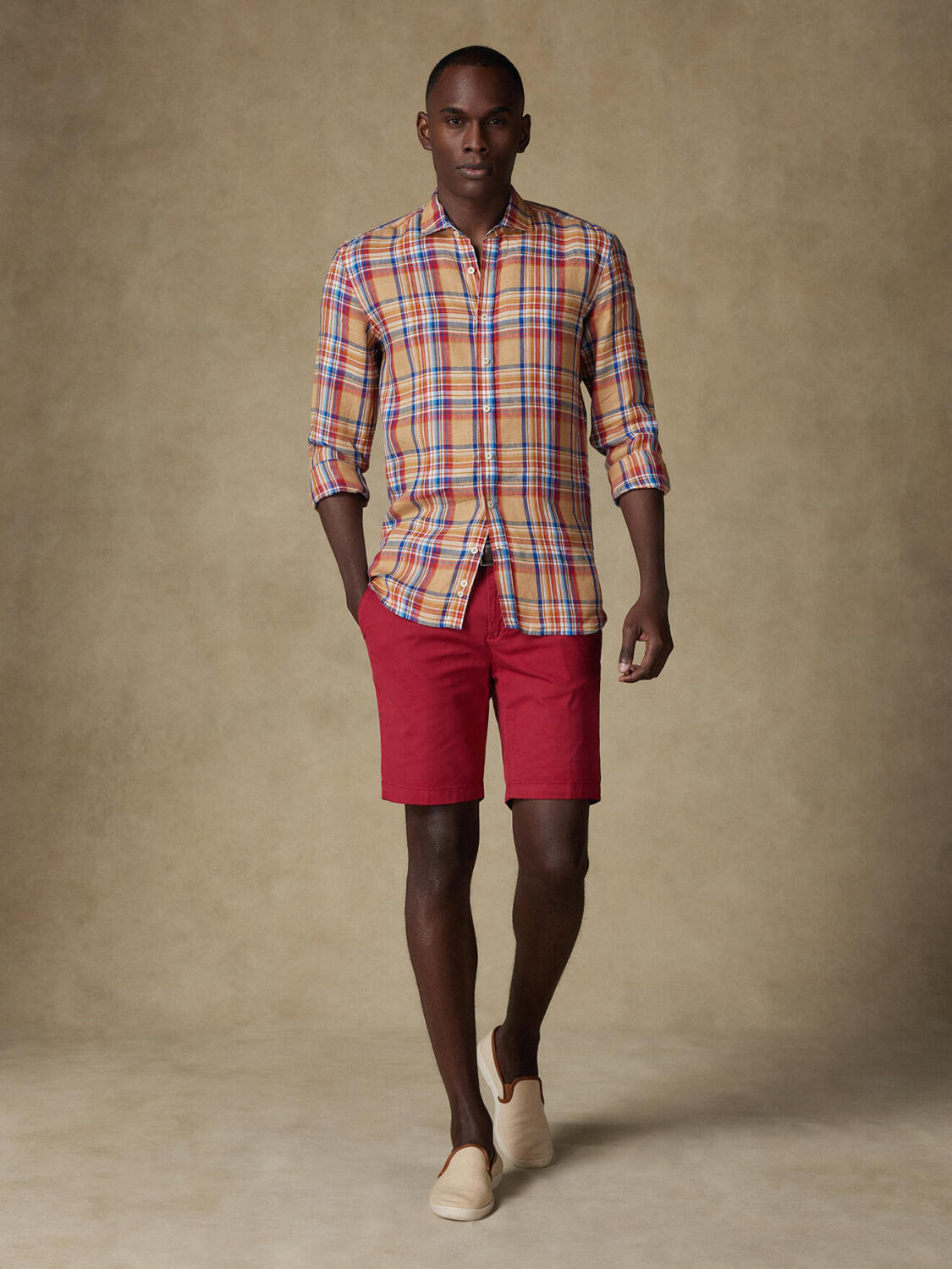 Chemise Phil en lin sable à motif tartan