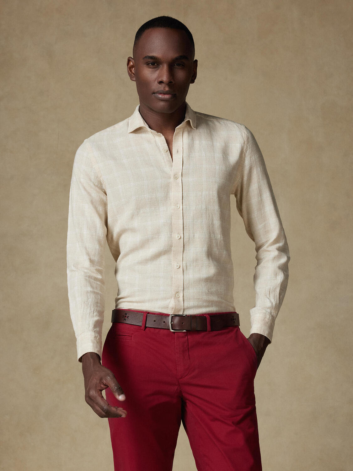 Camicia Rainer in lino a quadri sabbia