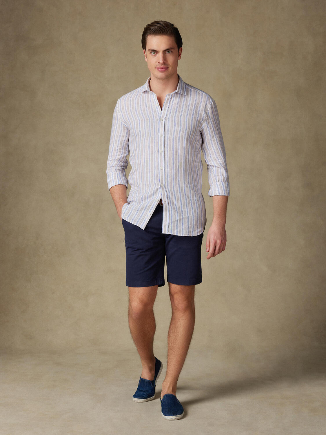 Chemise Rick en lin &agrave; rayures sable